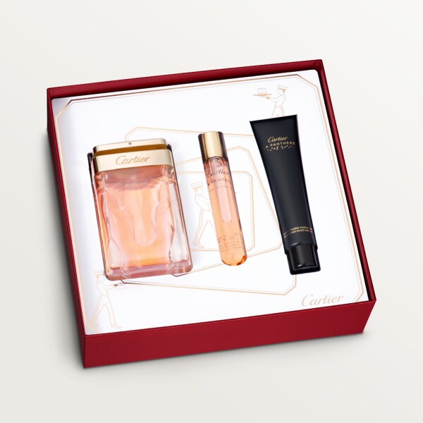 La Panthère gift set containing a 75 ml Eau de Parfum, 40 ml Hand Cream and a 15 ml Purse Spray Box