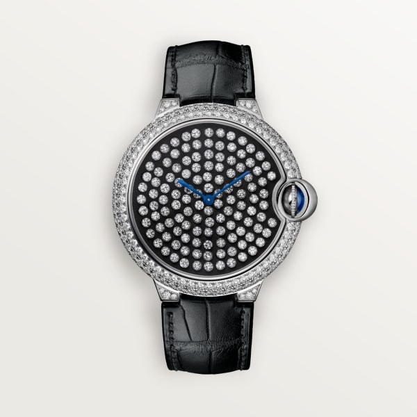 Reloj Ballon Bleu de Cartier 42 mm, movimiento mecánico de cuerda manual, oro blanco, diamantes, piel