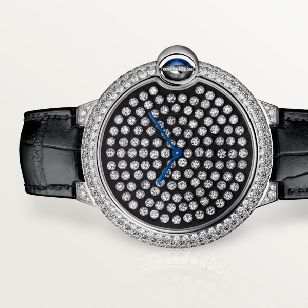 Ballon Bleu de Cartier 42 mm, mechanisches Uhrwerk mit Handaufzug, Weißgold, Diamanten, Leder