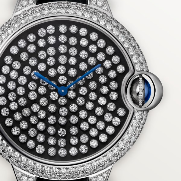 Ballon Bleu de Cartier 42 mm, mechanisches Uhrwerk mit Handaufzug, Weißgold, Diamanten, Leder