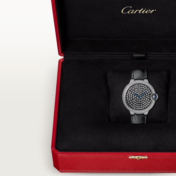 Ballon Bleu de Cartier watch 42mm, hand-wound mechanical movement, white gold, diamonds, leather