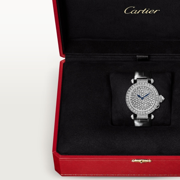 Reloj Pasha de Cartier 35 mm, movimiento automático, oro blanco, diamantes, piel