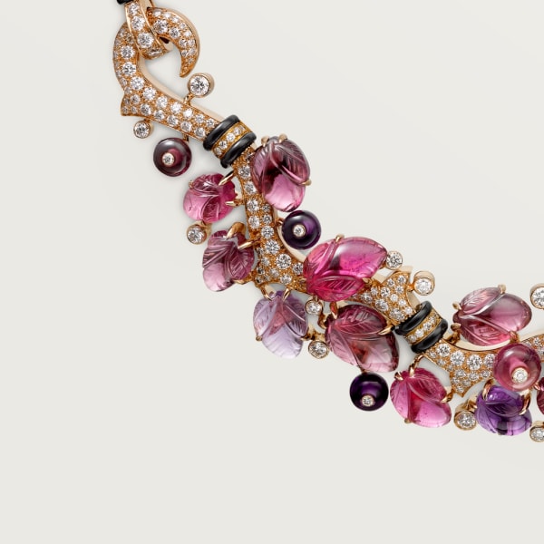 Necklace with engraved stones Rose gold, rubellites, amethysts, garnets, onyx, diamonds