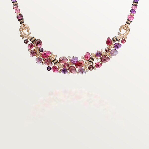 Necklace with engraved stones Rose gold, rubellites, amethysts, garnets, onyx, diamonds