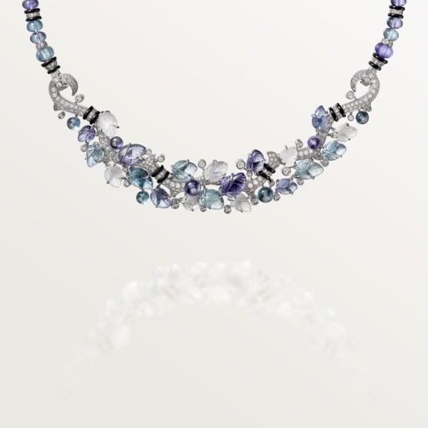 Necklace with engraved stones White gold, aquamarines, tanzanites, moonstones, onyx, diamonds