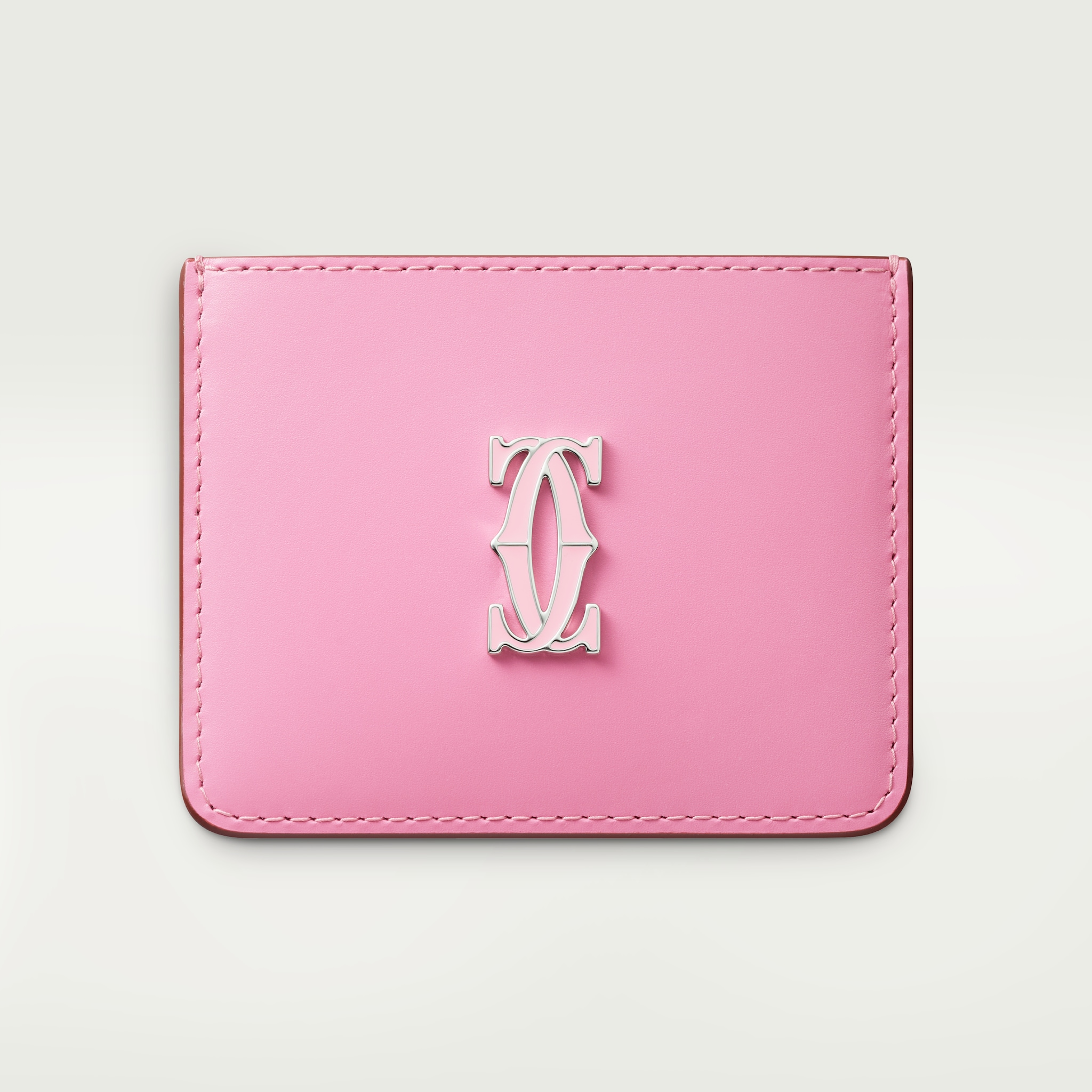 Porte-cartes simple, C de CartierCuir de veau bicolore rose/rose pâle, finition palladiée et émail rose pâle