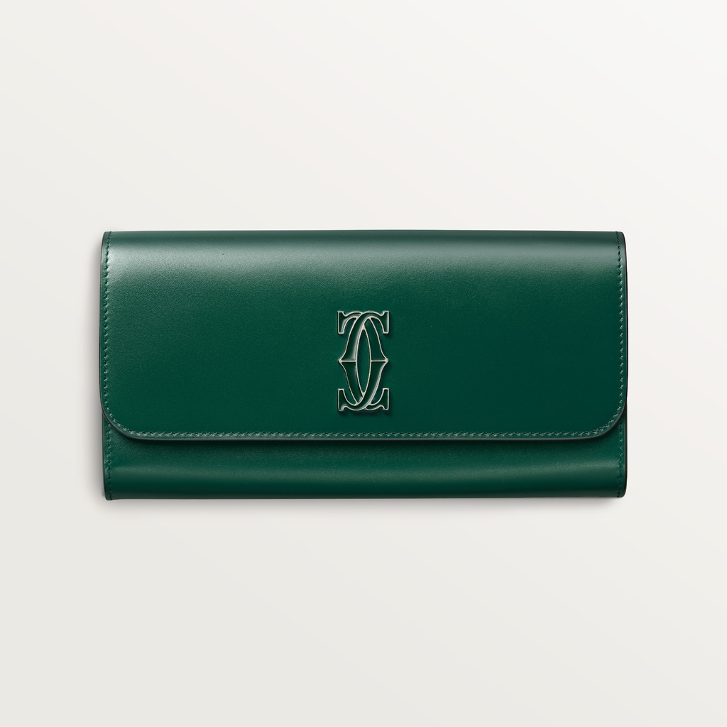 International wallet with flap, C de CartierDark green calfskin, gold and dark green enamel finish