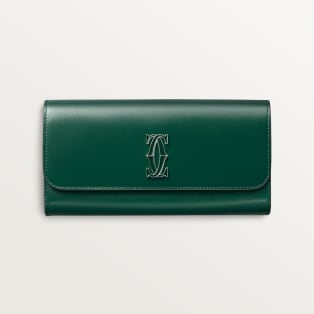 Cartera internacional con tapa, C de Cartier Piel de becerro color verde oscuro, acabado dorado y esmalte verde oscuro