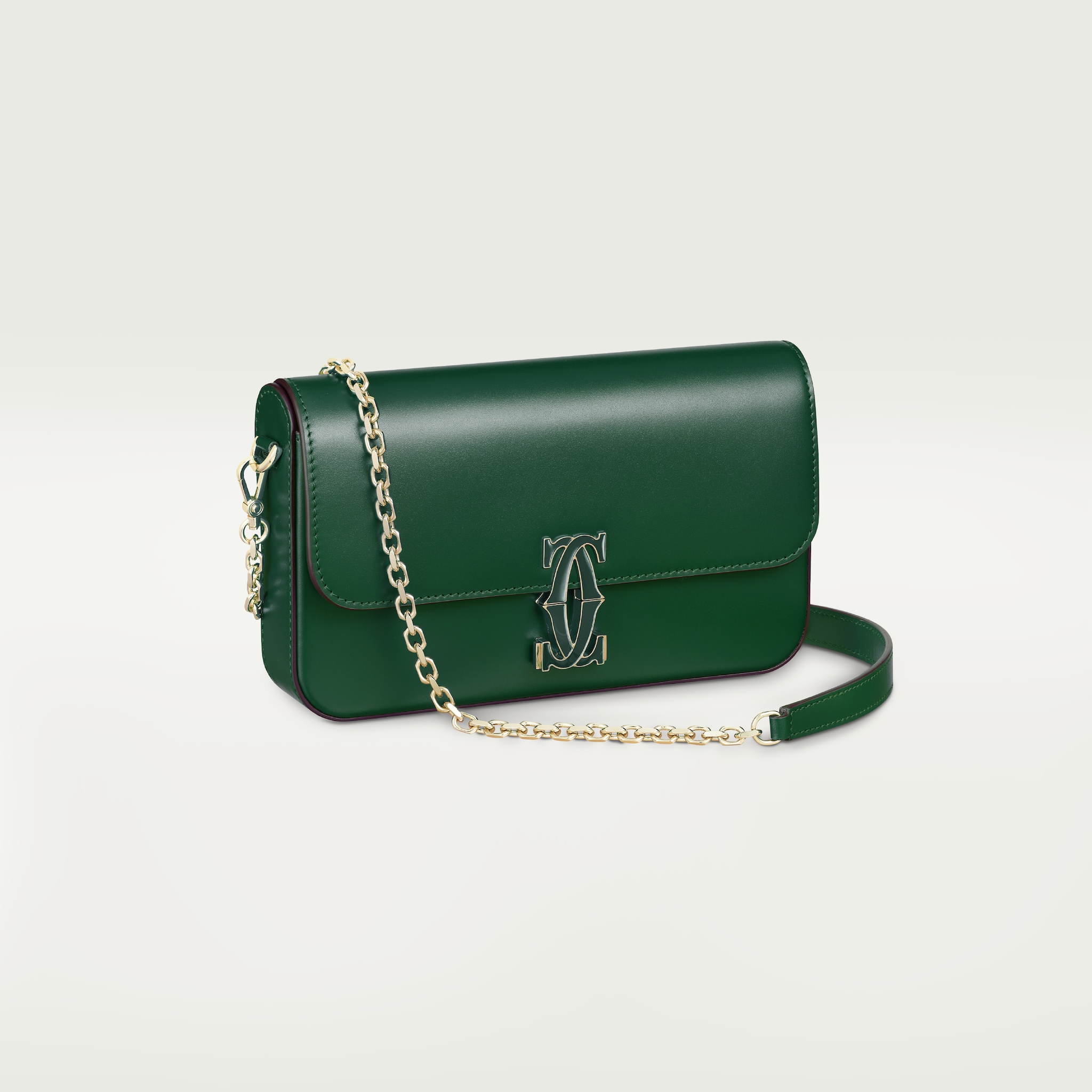 Mini chain bag, C de CartierDark green calfskin, gold and dark green enamel finish