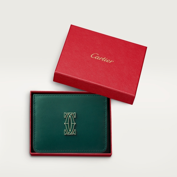 Porte-cartes simple, C de Cartier Cuir de veau vert foncé, finition dorée et émail vert foncé