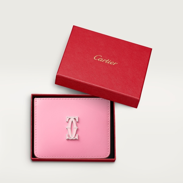 C de Cartier einfaches Kartenetui Zweifarbiges Kalbsleder in Rosa/Hellrosa, Palladium-Finish und hellrosa Emaille