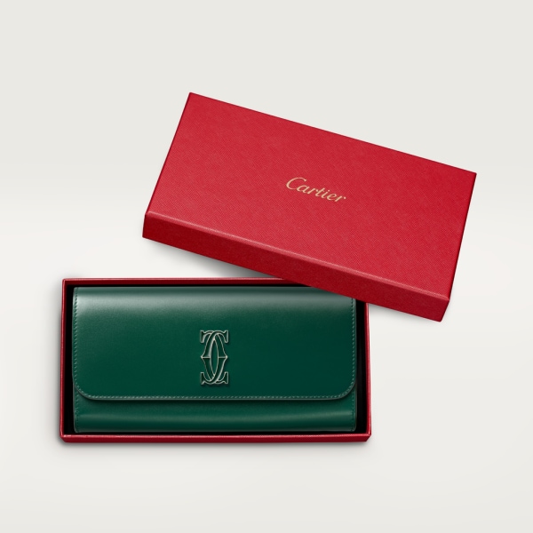 International wallet with flap, C de Cartier Dark green calfskin, gold and dark green enamel finish