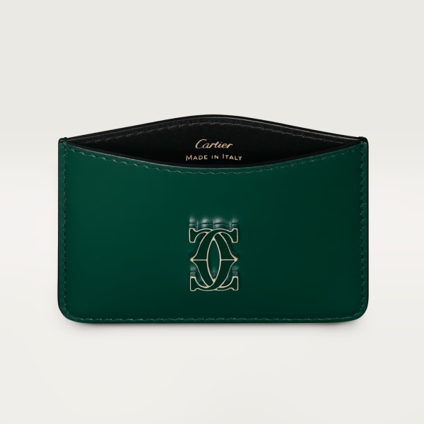 Porte-cartes simple, C de Cartier Cuir de veau vert foncé, finition dorée et émail vert foncé