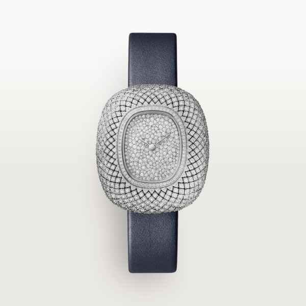 Reloj Coussin de Cartier Tamaño mediano, movimiento de cuarzo, oro blanco rodiado , diamantes, piel