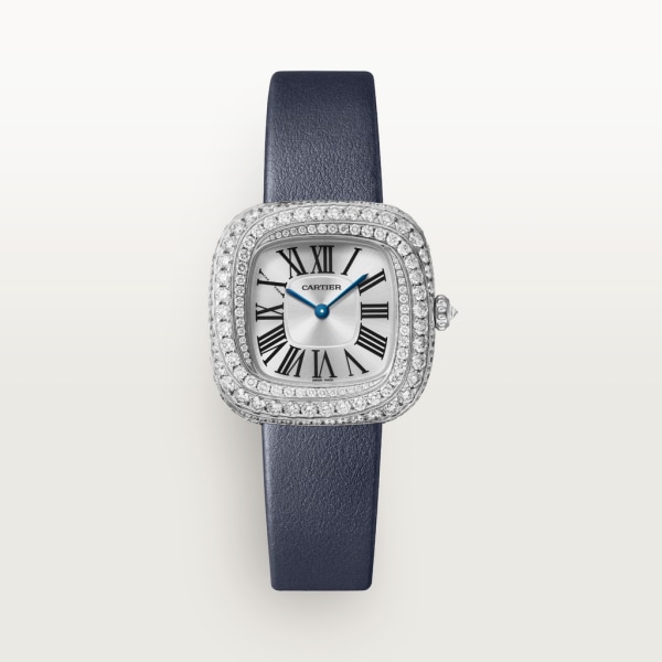 Reloj Coussin de Cartier Tamaño mediano, movimiento de cuarzo, oro blanco rodiado , diamantes, piel