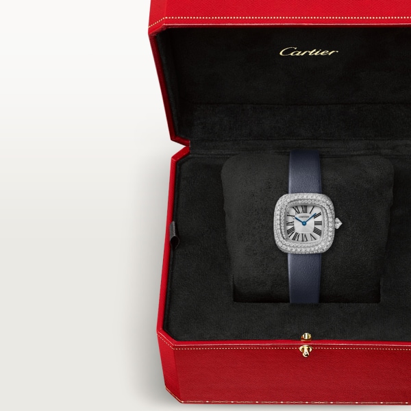 Reloj Coussin de Cartier Tamaño pequeño, movimiento de cuarzo, oro blanco rodiado , diamantes, piel