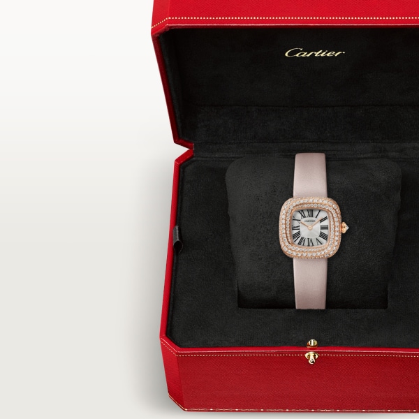Reloj Coussin de Cartier Tamaño pequeño, movimiento de cuarzo, oro rosa , diamantes, piel