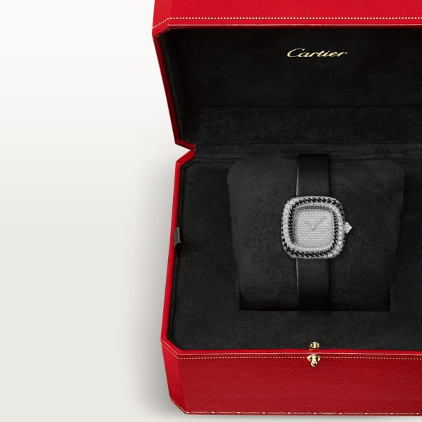 Reloj Coussin de Cartier Tamaño pequeño, movimiento de cuarzo, oro blanco rodiado , diamantes, espinelas, piel