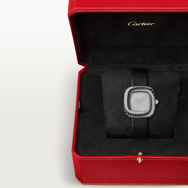 Reloj Coussin de Cartier Tamaño mediano, movimiento de cuarzo, oro blanco rodiado , diamantes, espinelas, piel