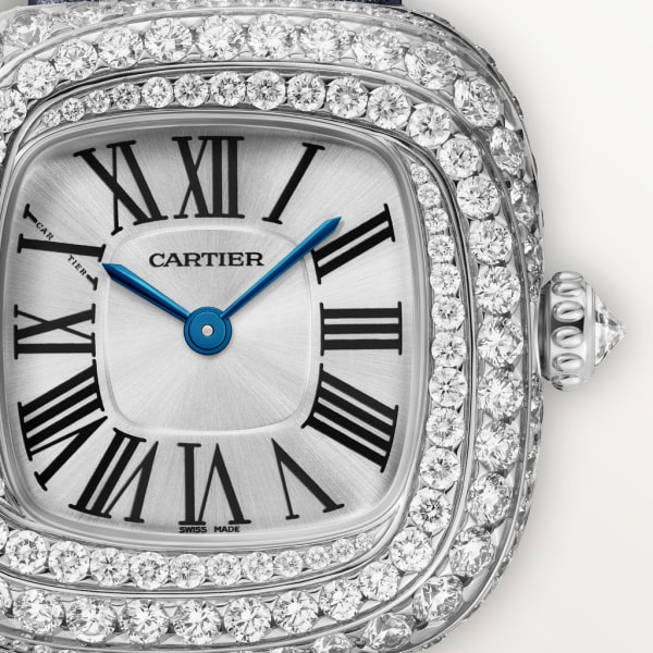 Reloj Coussin de Cartier Tamaño pequeño, movimiento de cuarzo, oro blanco rodiado , diamantes, piel