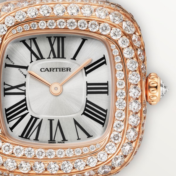 Reloj Coussin de Cartier Tamaño pequeño, movimiento de cuarzo, oro rosa , diamantes, piel