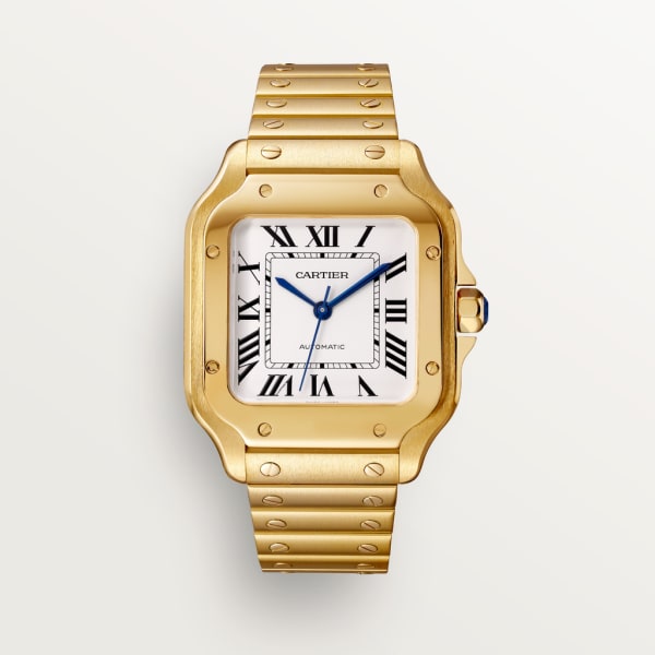 Reloj Santos de Cartier Tamaño mediano, movimiento automático, oro amarillo, brazalete de metal y correa de piel intercambiables