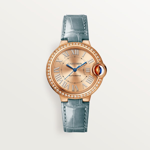 Ballon Bleu de Cartier watch 33 mm, automatic movement, 18K rose gold, diamonds, leather