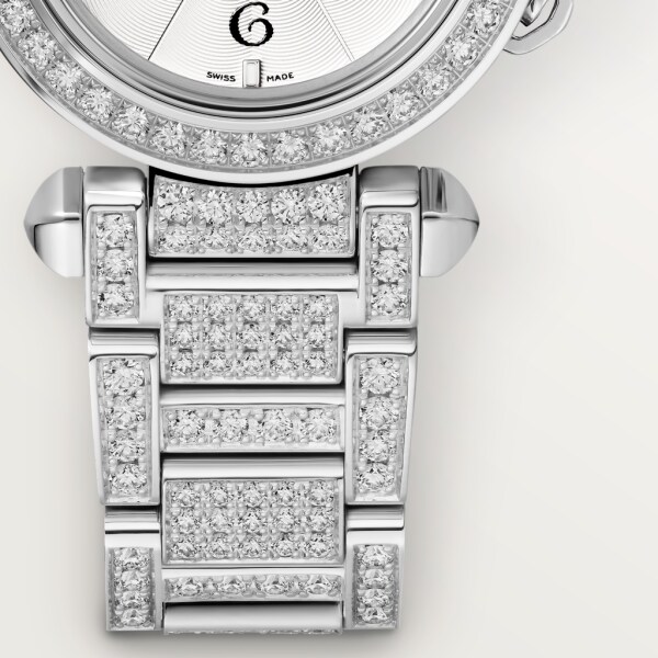 Montre Pasha de Cartier 30mm, mouvement quartz, or gris , diamants