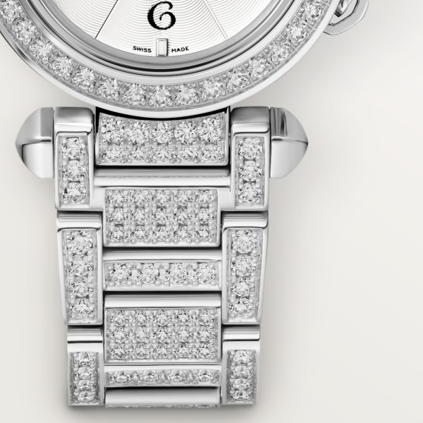 Reloj Pasha de Cartier 30 mm, movimiento de cuarzo, oro blanco, diamantes