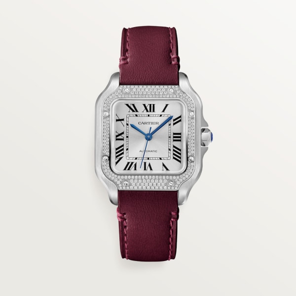 Reloj Santos de Cartier Tamaño mediano, automático, acero, diamantes, brazalete de metal y correa de piel intercambiables