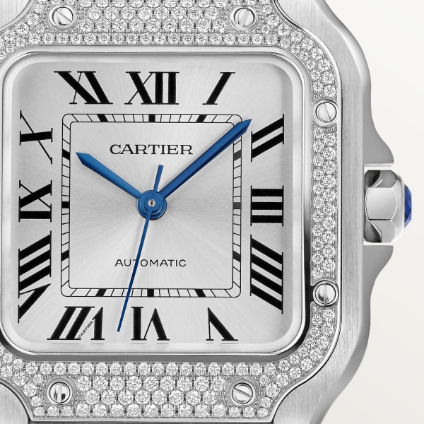Santos de Cartier Mittleres Modell, Automatik, Stahl, Diamanten, austauschbare Armbänder aus Metall und Leder