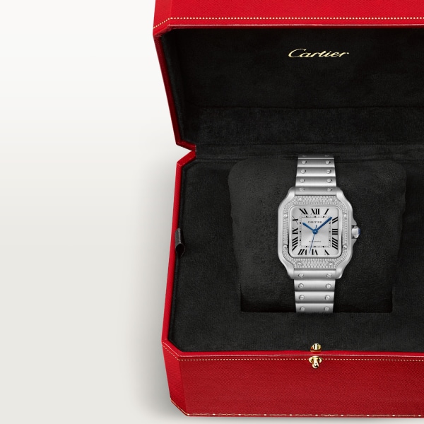 Reloj Santos de Cartier Tamaño mediano, automático, acero, diamantes, brazalete de metal y correa de piel intercambiables