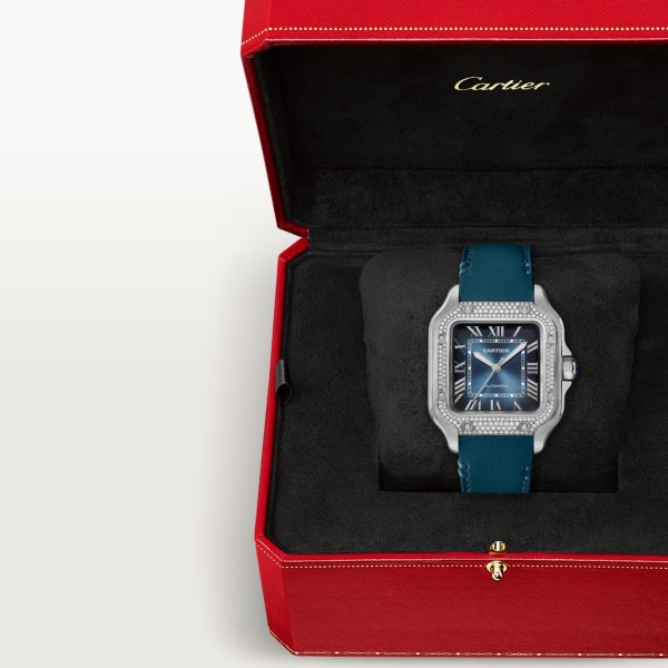 Santos de Cartier watch Medium model, automatic movement, steel, diamonds, blue dial, interchangeable metal and leather bracelets