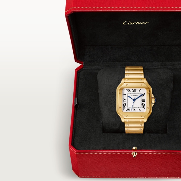 Santos de Cartier watch Medium model, automatic movement, yellow gold, interchangeable metal and leather bracelets