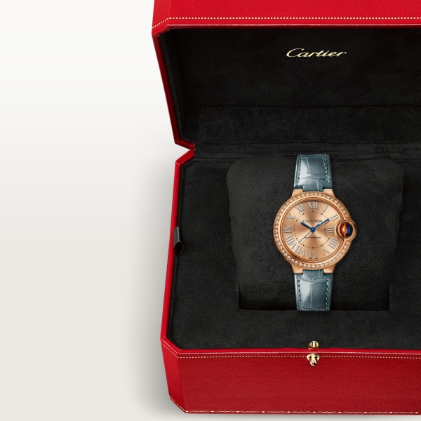 Ballon Bleu de Cartier watch 33 mm, automatic movement, 18K rose gold, diamonds, leather