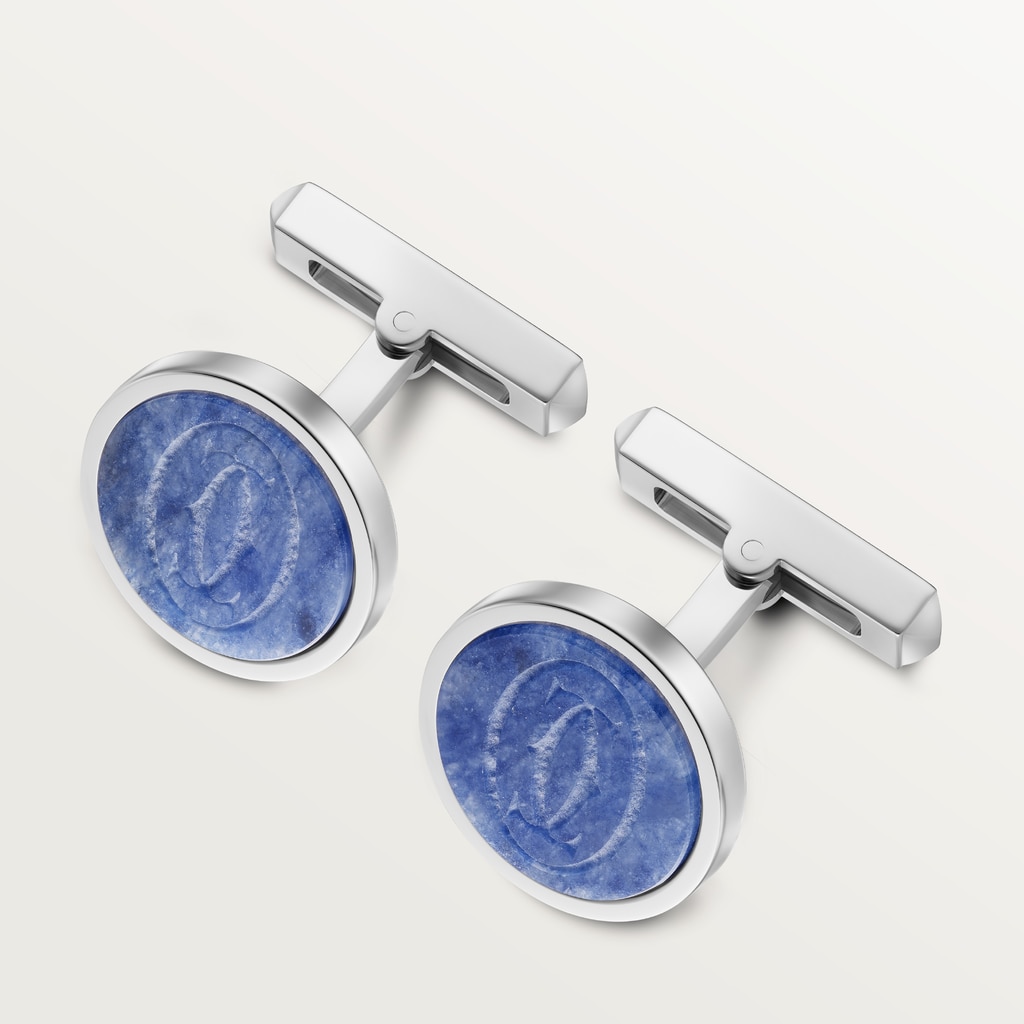 Boutons de manchettes logo Double C de Cartier sodalite gravée Argent massif, finition palladiée, sodalite