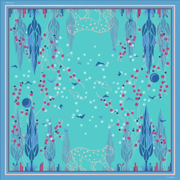 Pañuelo cuadrado 90 Panther Garden Twill de seda azul turquesa