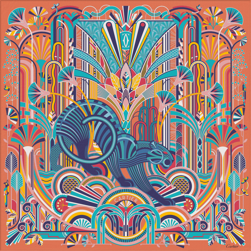 Panthère Art Déco motif square 90Orange & multicoloured silk twill