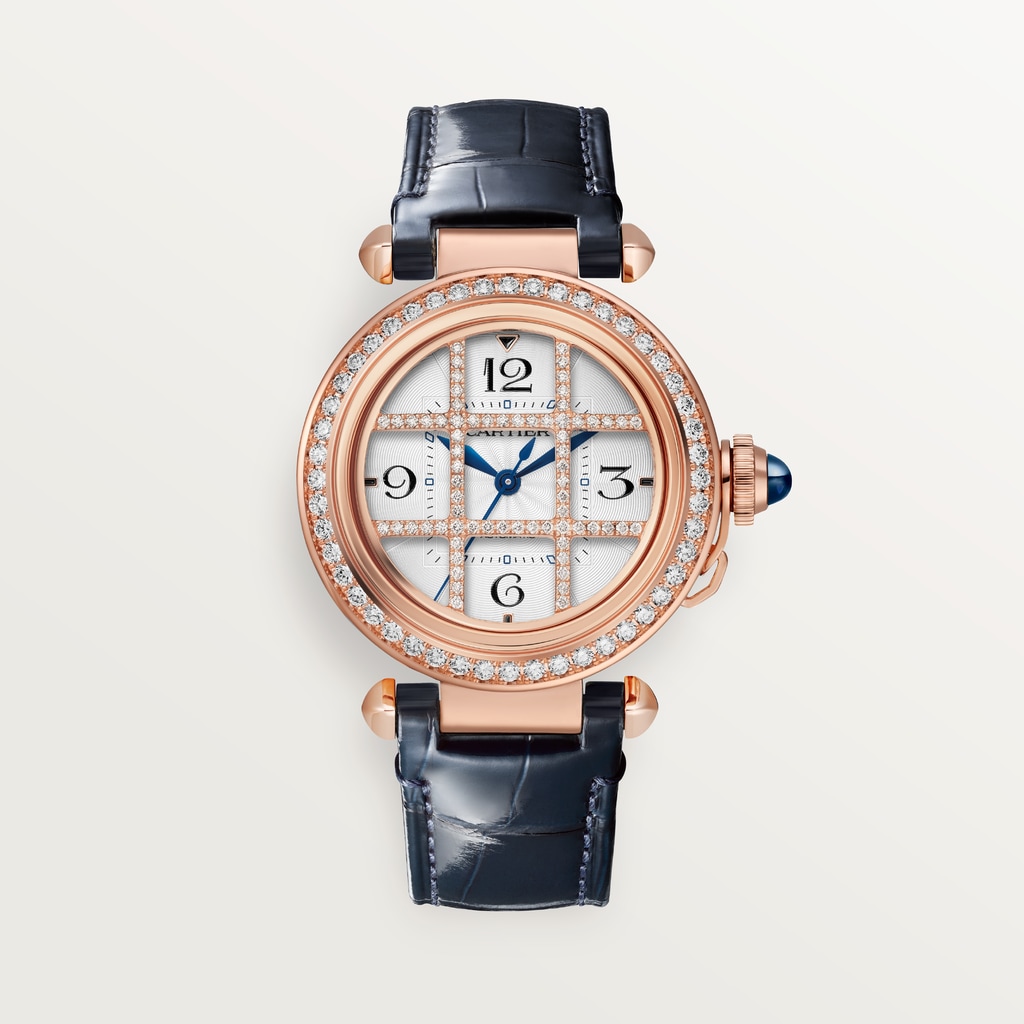 Reloj Pasha de Cartier35 mm, movimiento automático, oro rosa , diamantes, correas de piel intercambiables