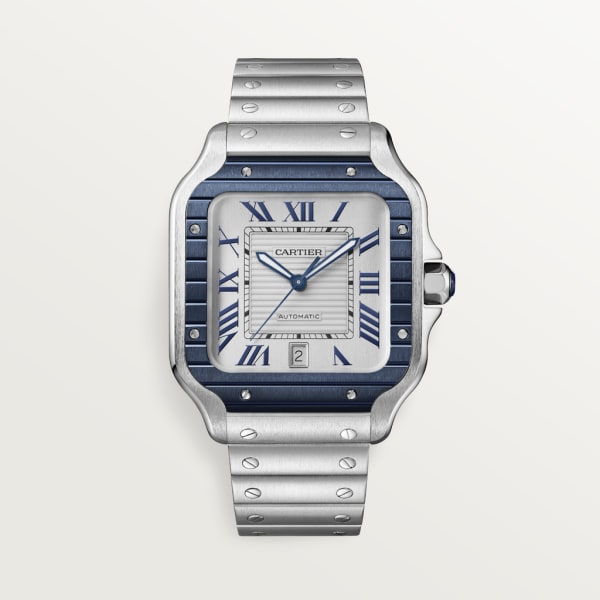 Reloj Santos de Cartier Tamaño grande, movimiento automático, acero, PVD, brazalete de metal y correa de caucho intercambiables