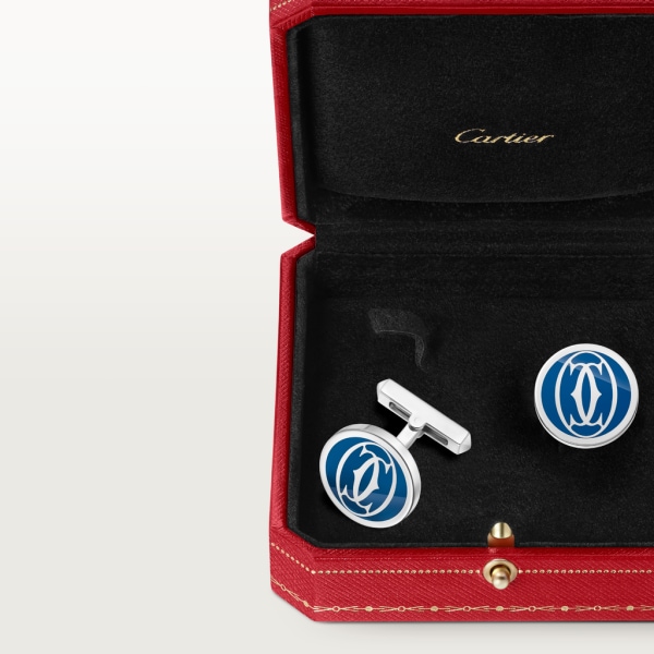 Boutons de manchettes décor logo Double C de Cartier laque bleue  Argent massif, finition palladiée, laque bleue