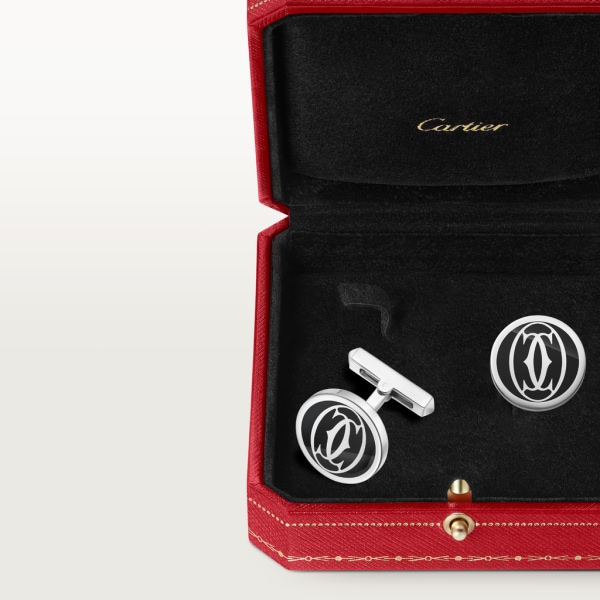 Boutons de manchettes décor logo Double C de Cartier laque noire Argent massif, finition palladiée, laque noire