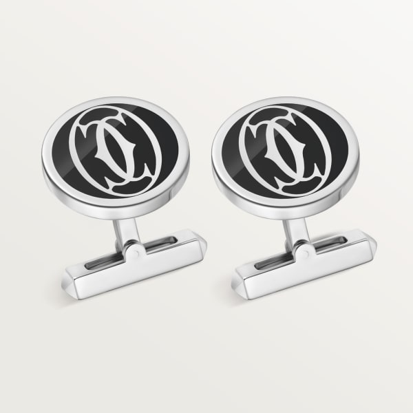 Boutons de manchettes décor logo Double C de Cartier laque noire Argent massif, finition palladiée, laque noire