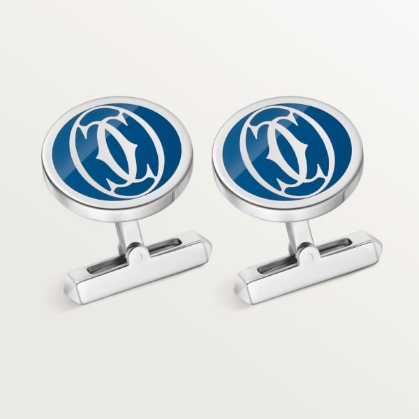 Boutons de manchettes décor logo Double C de Cartier laque bleue  Argent massif, finition palladiée, laque bleue