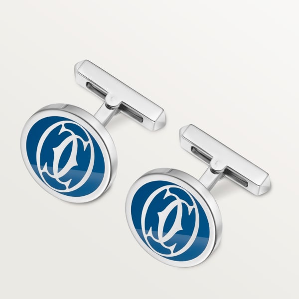 Boutons de manchettes décor logo Double C de Cartier laque bleue  Argent massif, finition palladiée, laque bleue