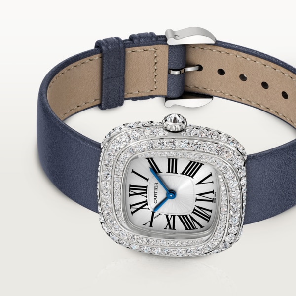 Coussin de Cartier watch Medium model, quartz movement, rhodium-finish white gold, diamonds, leather