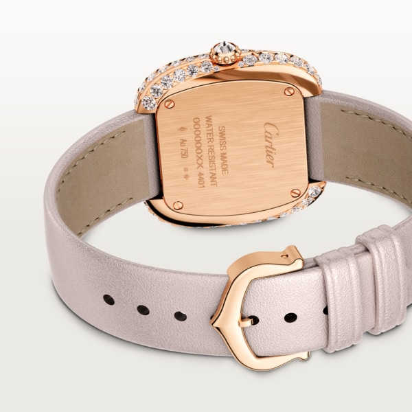 Reloj Coussin de Cartier Tamaño mediano, movimiento de cuarzo, oro rosa, diamantes, piel