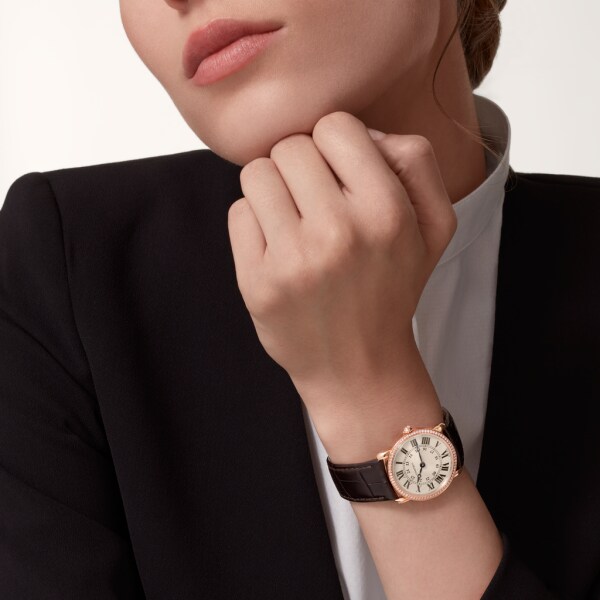 Ronde Louis Cartier watch 29mm, quartz movement, rose gold, diamonds, leather