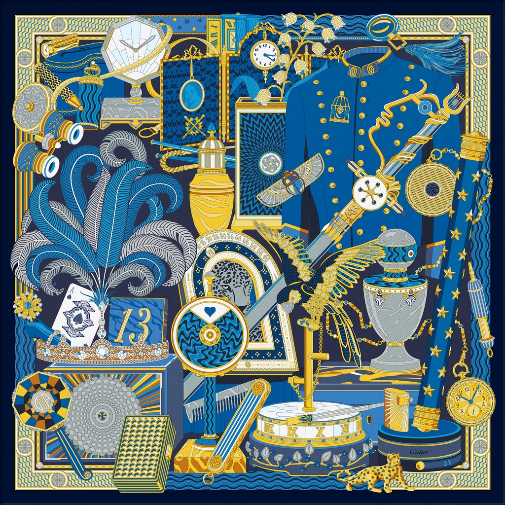 Pañuelo cuadrado 90 Archivos CartierTwill de seda azul marino y amarillo