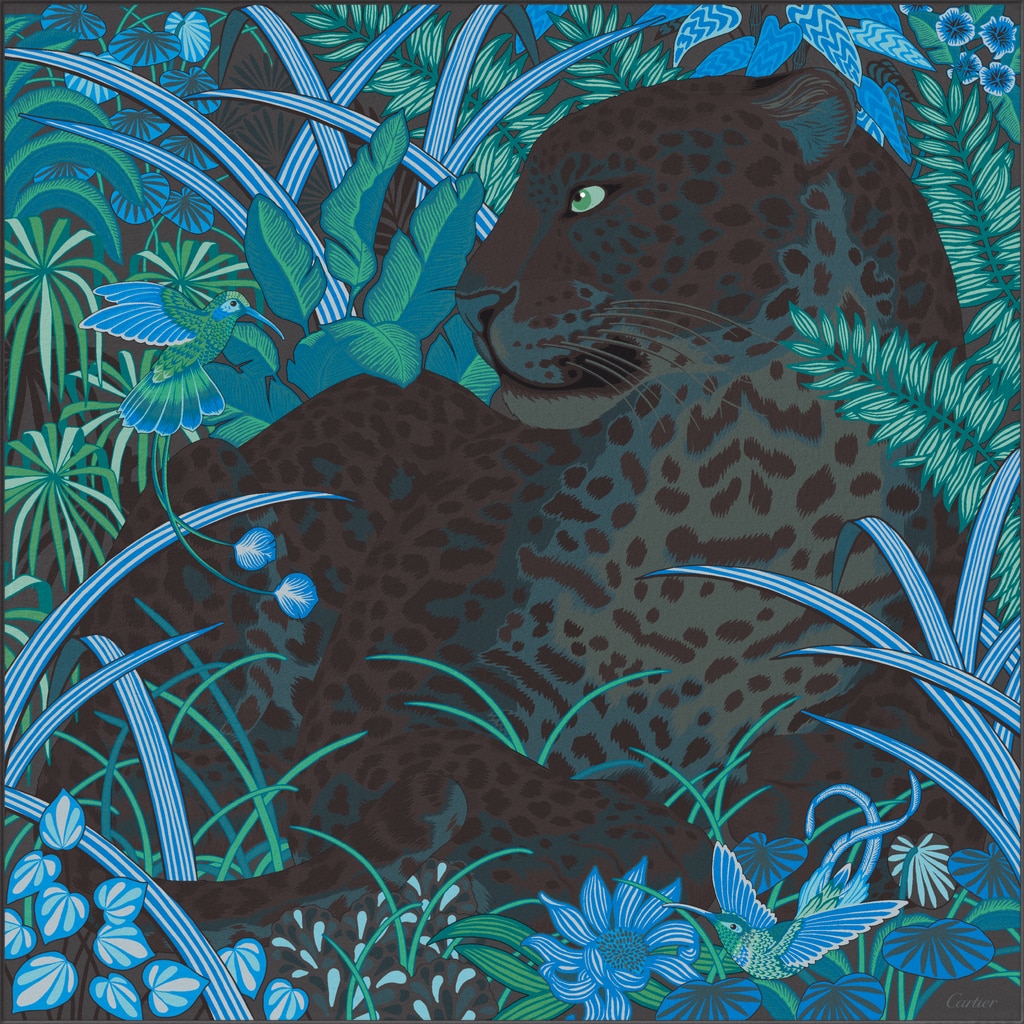 Pañuelo cuadrado 90 Panther in the JungleTwill de seda negro
